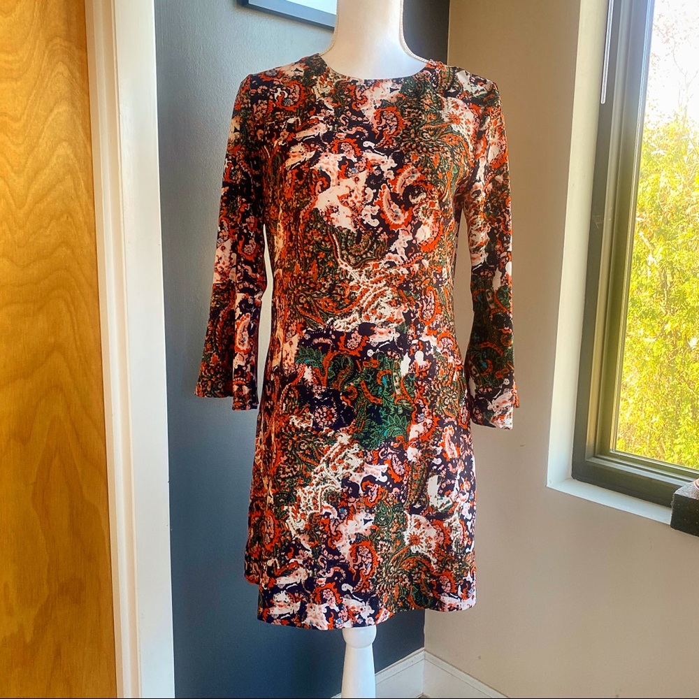 WAYF Paisley Print Trumpet Sleeve Mini Shift Dress